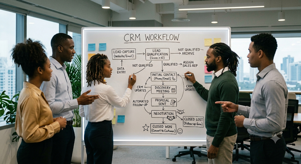 Black professionals discussing CRM flowchart.