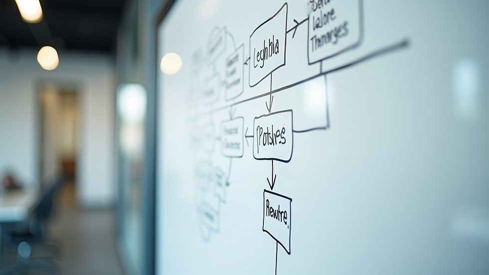 Eye-level view of a whiteboard with a flowchart diagram