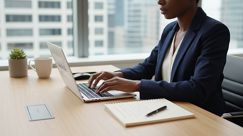 Eye-level view of a sleek modern office desk with a laptop and notebook