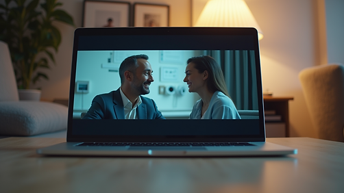 Eye-level view of a laptop screen showing a virtual coaching session